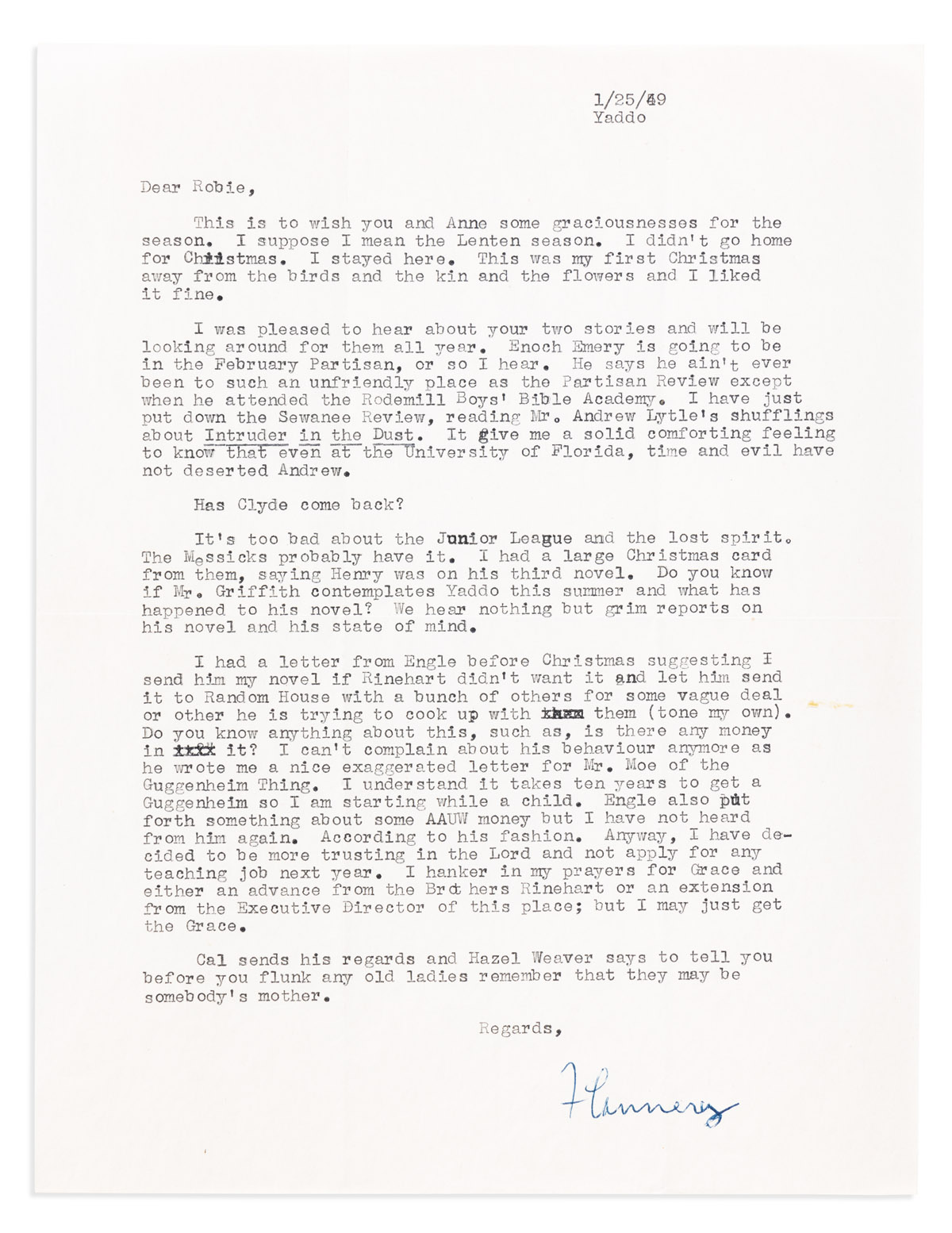 OCONNOR, FLANNERY. Two Typed Letters Signed, Flannery, to Robie Macauley (Dear Robie).
